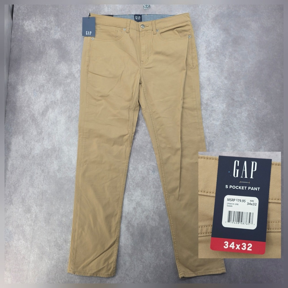 Gap Mens 34x32 5 Pocket Pant Tannin Khaki Slim Soft Stretch Twill Fits 36x32